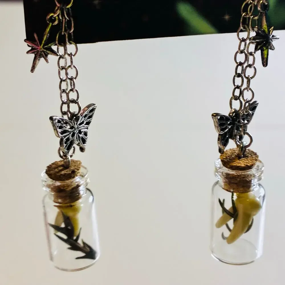Fairy Bottle Dangle Earrings Glass Vial Butterfly Mushroom Cottagecore Gothic